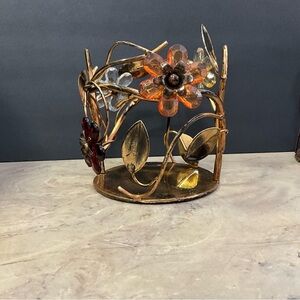 Pier 1 Floral Metal Large Candle Holder With Faux Gem Flowers